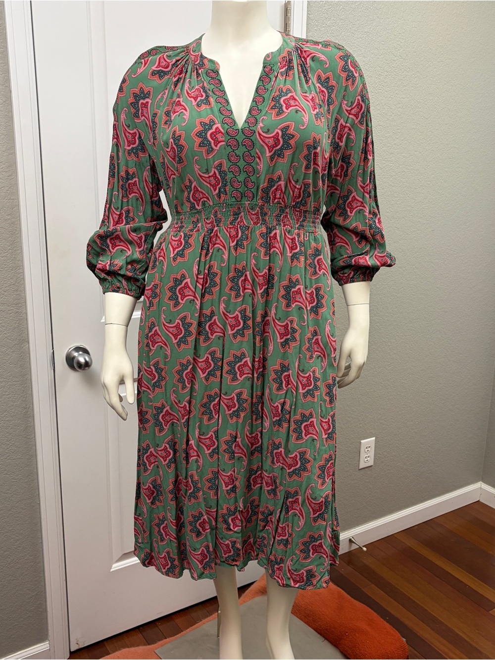 Boden EcoVero Paisley Midi Dress Sage Green Pink Smocked Waist US 16/18